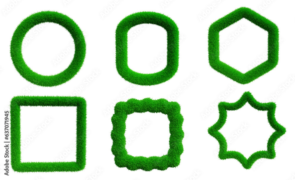 Poster set of grass frames design in 3d rendering isolated on transparent background in green color. geomet