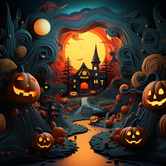 Halloween background with scary pumpkins candles and bats in a dark forest at night