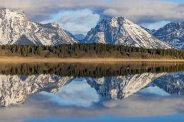 Scenic Reflection Landscape of the Teton Range in Jackson Lake in Spring