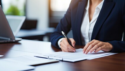 businesswoman writing on paper at desk in office