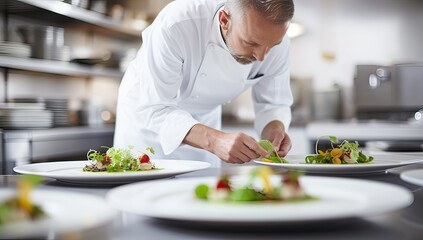 Chef preparing food in the kitchen of a modern hotel or restaurant