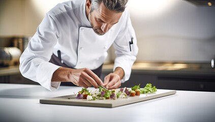 Chef preparing a salad in a restaurant kitchen. Professional chef preparing a salad in a restaurant kitchen.