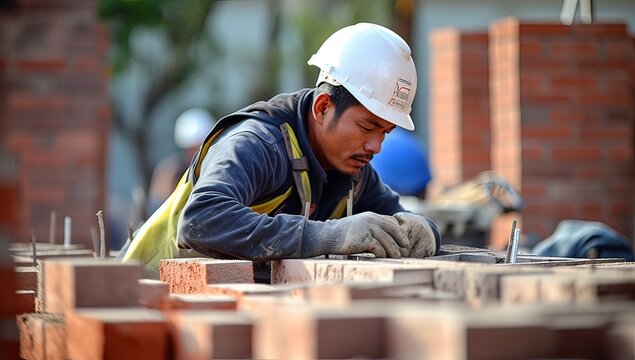 construction worker laying bricks on construction site