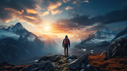 a hiker with a backpack stands on a mountain and looks at the sunset.