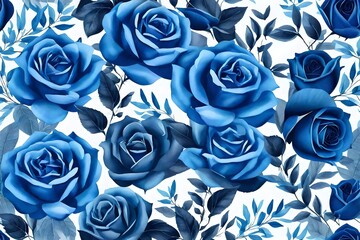 Seamless pattern with blue roses. Watercolor flowers, leaves. Elegant endless botanical print, wallpaper, background. Repeat fashion print for fabric, cloth