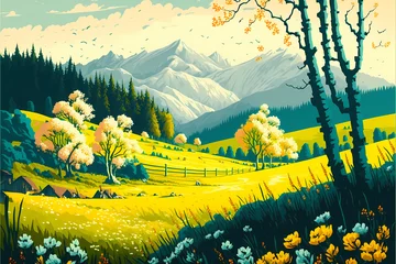 Zelfklevend Fotobehang illustration of beautiful summer fields landscape with a dawn. Nature landscape. Poster. illustration background. AI generated © Lastyear