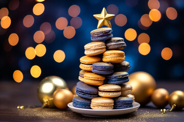 Delicious macarons stacked as Christmas tree with star on top and bokeh in the background, traditional colors