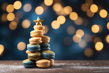 Delicious macarons stacked as Christmas tree with star on top and bokeh in the background, traditional colors