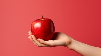 Hand holding apple against red gradient background with text space.