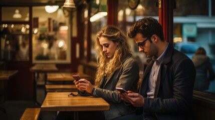 Concept of Emotionless Interaction. Two people sit across from each other at a cafe table, both absorbed in their phones, disconnected from the real world.