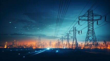 A high-voltage tower and power lines amidst the abstract blur of city lights at night