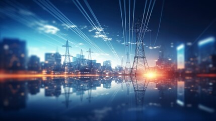 A high-voltage tower and power lines amidst the abstract blur of city lights at night