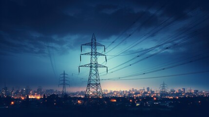 A high-voltage tower and power lines amidst the abstract blur of city lights at night