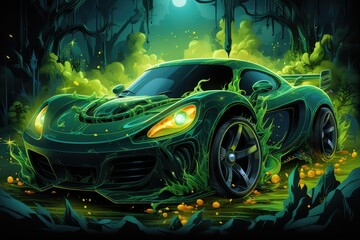 super tuning car in the style of hot wheels in fire and flame, helloween background - obrazy, fototapety, plakaty