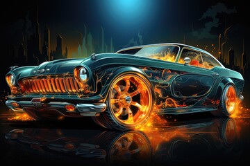 super tuning car in the style of hot wheels in fire and flame, helloween background