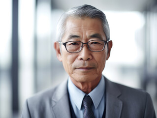 Naklejka premium Portrait of confident asian senior executive man in suit posing in the enterprise office.