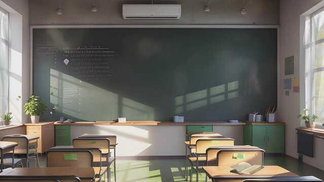 empty school or university classroom with big green chalkboard. Cartoon or anime watercolor painting illustration style. seamless looping 4K virtual video animation background.