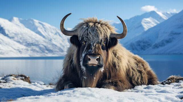 a wild yak (Bos mutus) in the snow in winter.