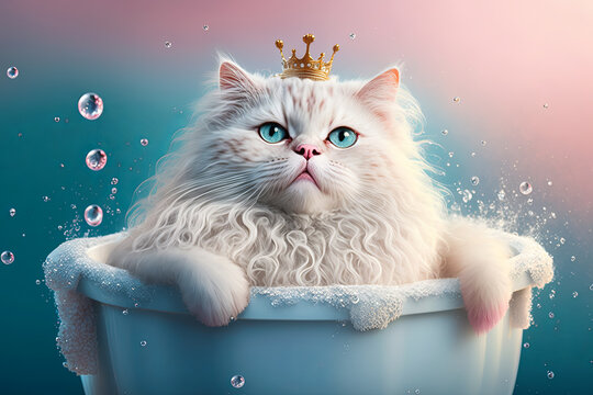 illustration of white fluffy queen cat laying in the bath. grooming animal concept