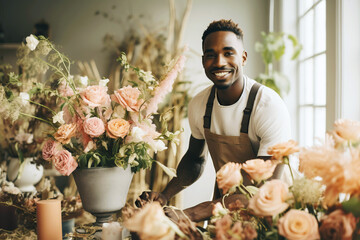 African American male florist creating wedding bouquet in flower shop. Small business. - Powered by Adobe