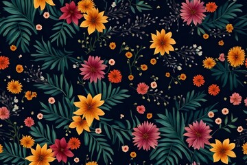 Trendy Floral pattern with many kind of flowers. Tropical botanical motifs scattered randomly. For fabric with drawn style on dark background