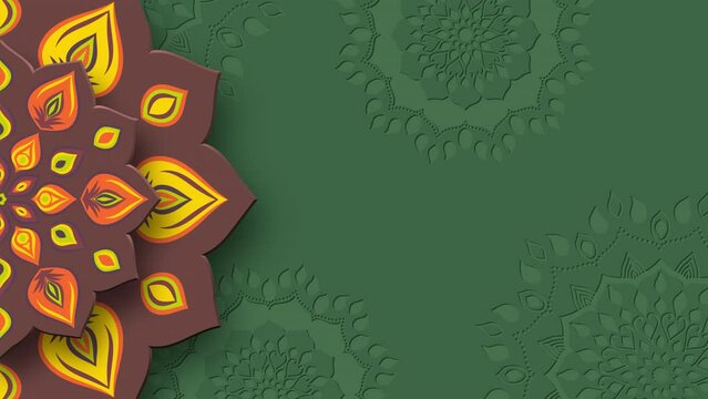 Rotating Indian Rangoli with copy space. Diwali festival of lights. Brown color on green background. 4K loop video animation.