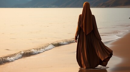 A Muslim woman in a veil or veil walks along the beach near the ocean. Tourist trip with religious restrictions. Beautiful girl representative of religion.