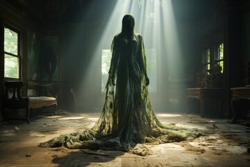 ghost of a woman in a long suit in an abandoned house - obrazy, fototapety, plakaty