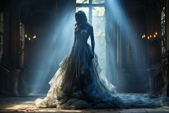 halloween ghost of a victorian woman in an abandoned house