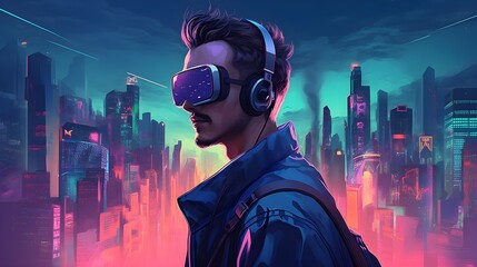 a colorful and futuristic illustration of a man with vr headset and a cityscape in the background Generative AI