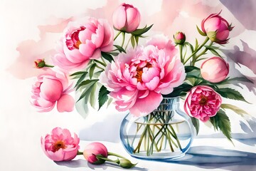 Watercolor drawing of a transparent vase with pink peony flowers and buds, illuminated by sunlight