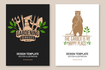 Set of gardening and yard work services poster, banner. Vector illustration. Poster design with bear with rake and gardening equipment silhouette.