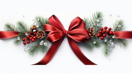 Obraz na płótnie Canvas christmas background with red ribbon and bow , branch pine