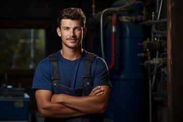 Young handsome plumber standing with arms crossed in downstairs - obrazy, fototapety, plakaty