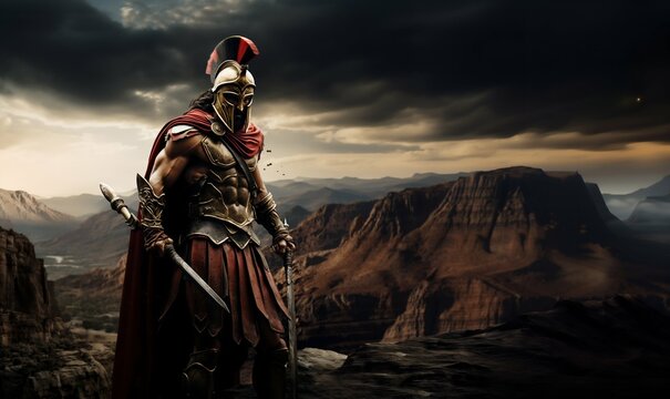 Spartan Warrior Overlooking from Mountain Summit. Generative ai
