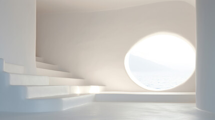 Minimalistic white interior, raw limestone texture, textured stone background, warm color palette, 3D rendering of a room in bright sunlight. Generative AI