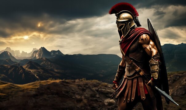 Spartan Warrior Overlooking from Mountain Summit. Generative ai