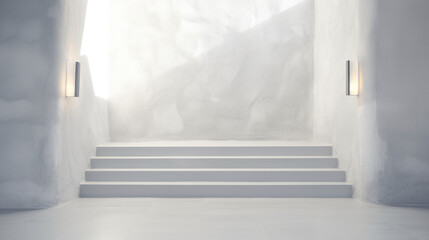 Minimalistic white interior, raw limestone texture, textured stone background, warm color palette, 3D rendering of a room in bright sunlight. Generative AI