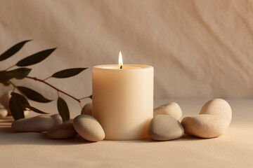Obraz na płótnie Canvas white candle, on a clean light beige background, with some stones, flat front photo, concept of relaxation, beauty, health and wellness.