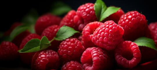 raspberries on a dark background. Generative AI image.