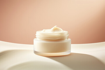 White skin cream product jar, light clean beige background,  cosmetic product mokeup on pastel background.