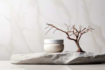 Skin cream product jar on table with some stones, on clean light gray background, cosmetic product mokeup on clean background.