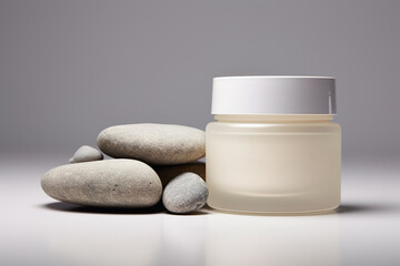 Skin cream product jar on table with some stones, on clean light gray background, cosmetic product mokeup on clean background.