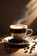 Luxurious setting with cup of fresh coffee with smoke coming from it.