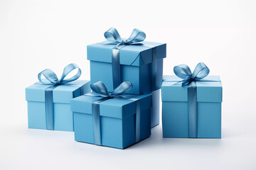 Blue gift boxes on a white background. March 8, birthday, new year, holiday, Valentine's Day, discounts, gifts, promotion.