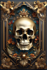 Black skull with gold details, leaves and flowers. Tortuous image. face of death Day of the dead cranes.