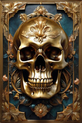 Black skull with gold details, leaves and flowers. Tortuous image. face of death Day of the dead cranes.