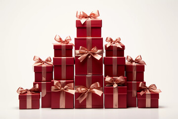 Red gift boxes on a white background. March 8, birthday, new year, holiday, Valentine's Day, discounts, gifts, promotion.