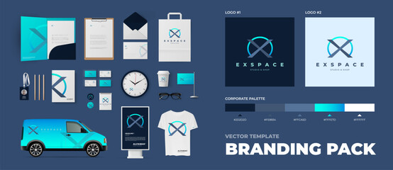 Corporate identity template with light blue logo and colorful background for technical company, letter X logo sign with modern gradient colors, branding mock up