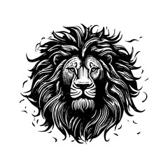 illustration of  lion head in style of linocut engraving, woodcut, black and white, white background.